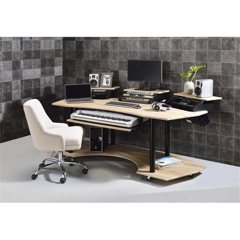 ACME Eleazar Wooden 4-Shelf Music Recording Studio Desk in Natural Oak gallery