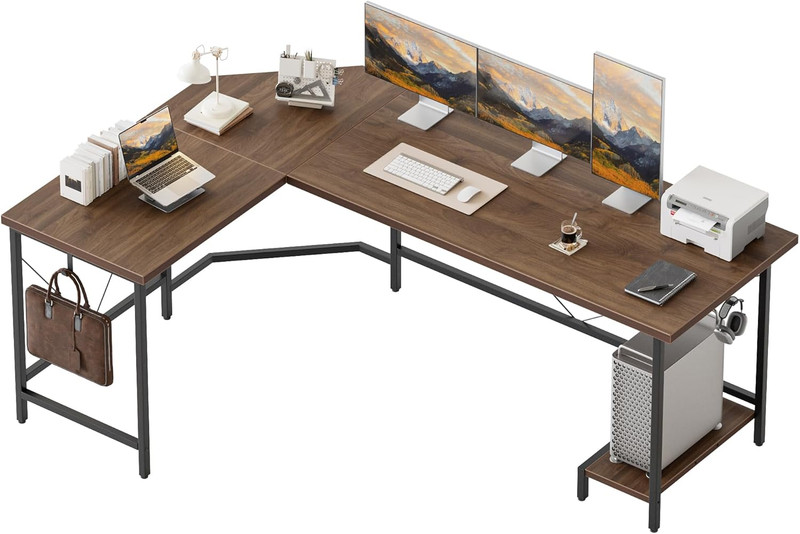 Large 59" L Shaped Desk with CPU Stand & Hooks for Home Office - Walnut Finish