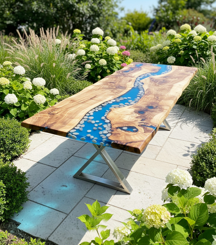 Blue Resin River Live Edge Dining Table with Pebbles | Handmade Epoxy Wood Table gallery