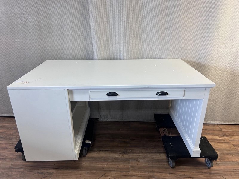 White Computer Desk 41x17x30in 2 Drawers Open Shelf Wood Modern Minimalist