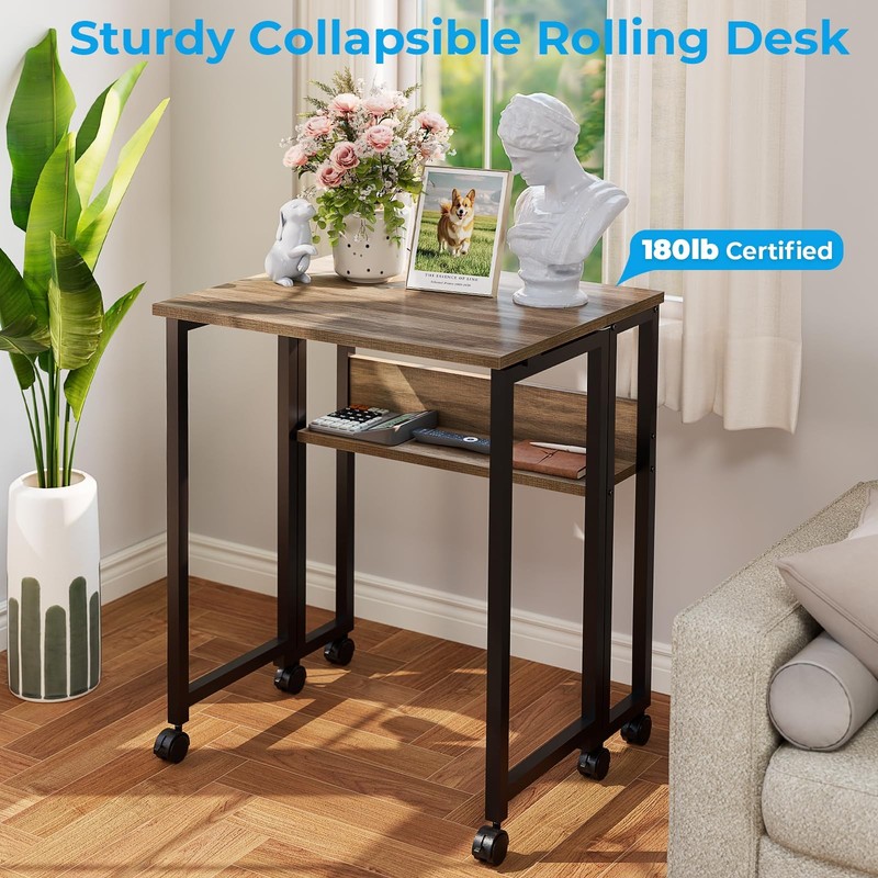 Small Folding Desk, 63cm Folding Desk with Castors, Simple M... gallery