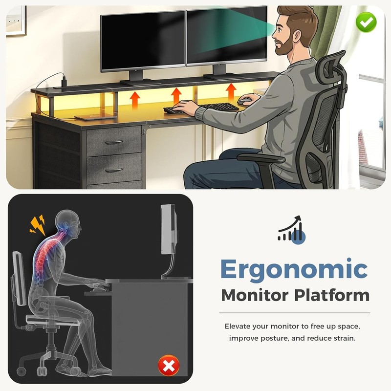 47 inch Computer Desk with Drawers & Power Outlets, Home Office Desk with LED gallery