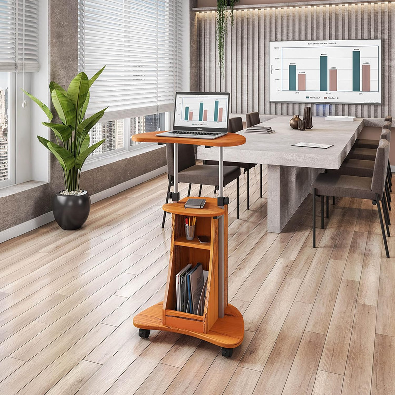 Adjustable Height Laptop Cart with Storage. Color: Woodgrain gallery
