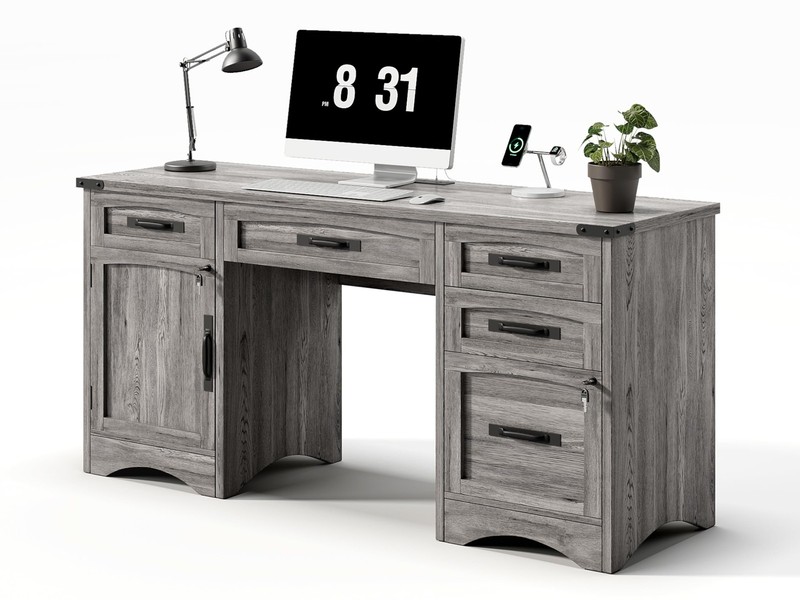 Farmhouse Executive Desk with Drawers, 55" Home Office Desks with Fast Chargi... gallery