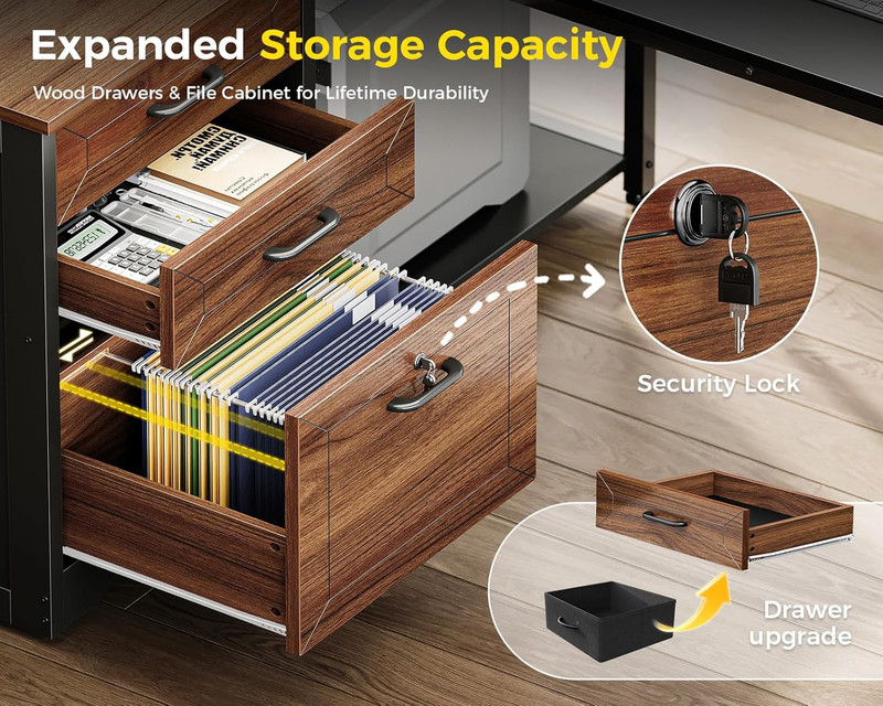 AODK 61" L Shaped Office Desk with Wood Drawers & Lockable File Cabinet, Reversi gallery