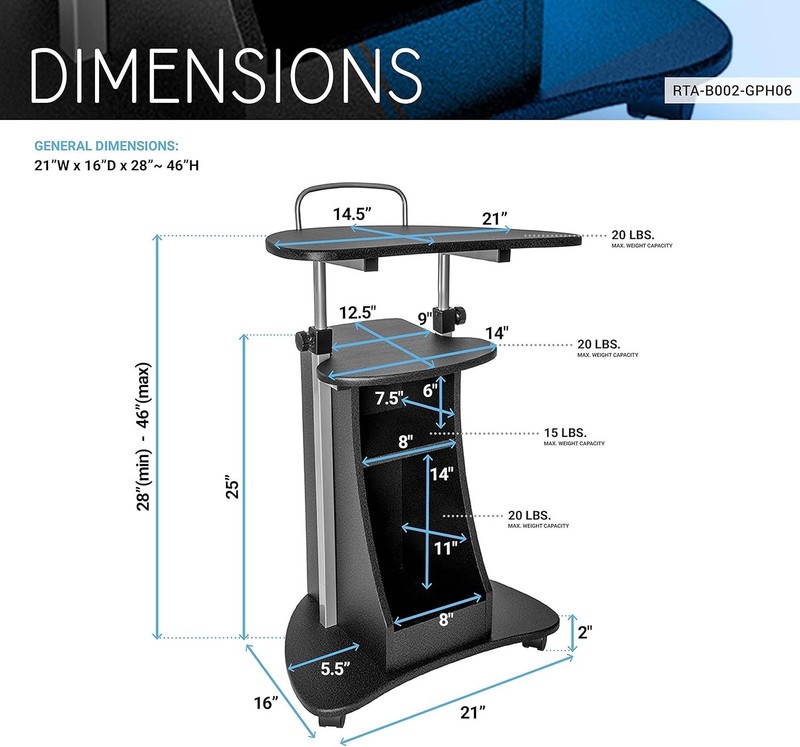 Sit-To-Stand Rolling Adjustable Height Laptop Cart with Storage, Graphite, 22 X gallery