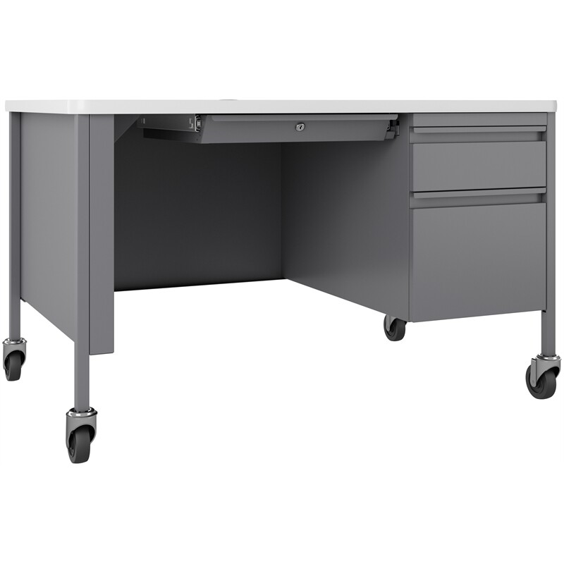 Hirsh 30x48 Mobile Right Hand Single Pedestal Metal Desk T-Mold Top Silver/White gallery