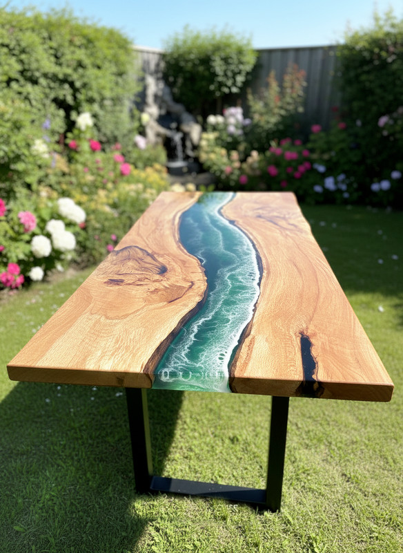 Green Ocean Wave Epoxy Resin Dining Table | Handmade Live Edge Wood Table