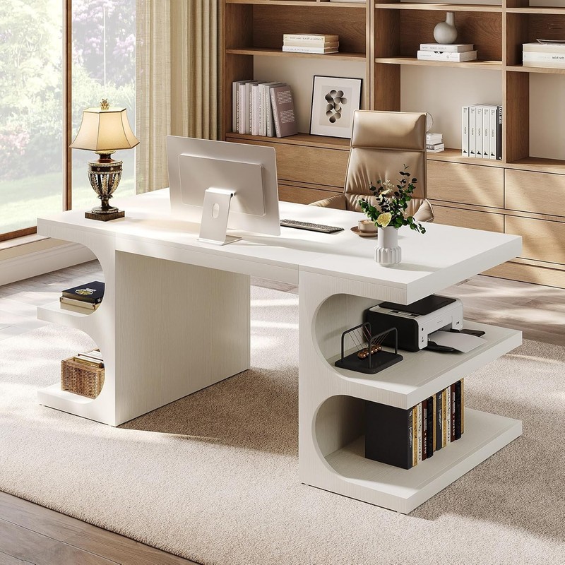 63» White Executive Office Desk Modern Wood Computer Desk with Storage Shelves