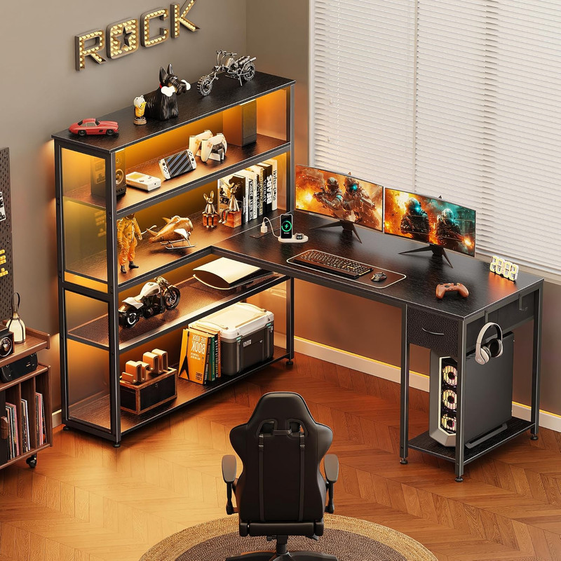 57 Inch L Shaped Gaming Computer Desk with Larger Open Cabinet, Reverisble Offic