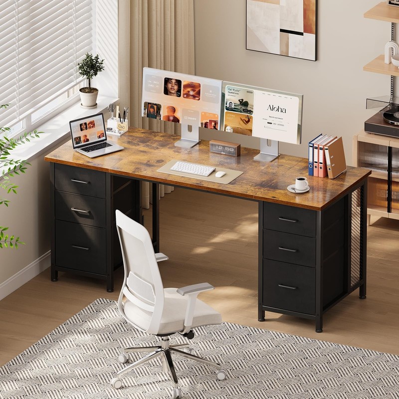 Desk with 6 Drawers, 160x52 cm Computer Desk with Storage, Bür... gallery