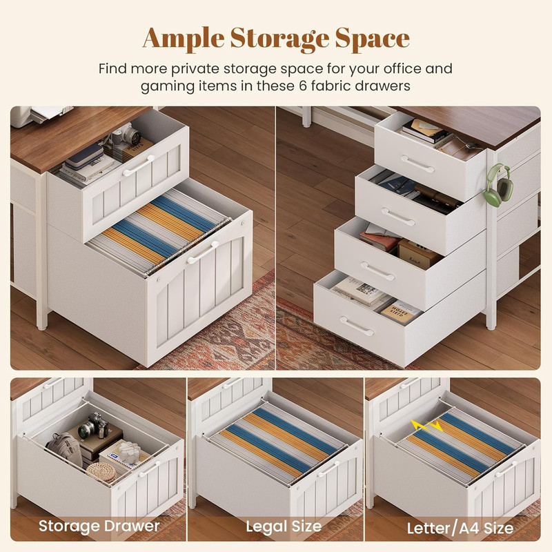 Farmhouse L Shaped Office Desk with 6 Drawer, Reversible Computer Desk with Powe gallery