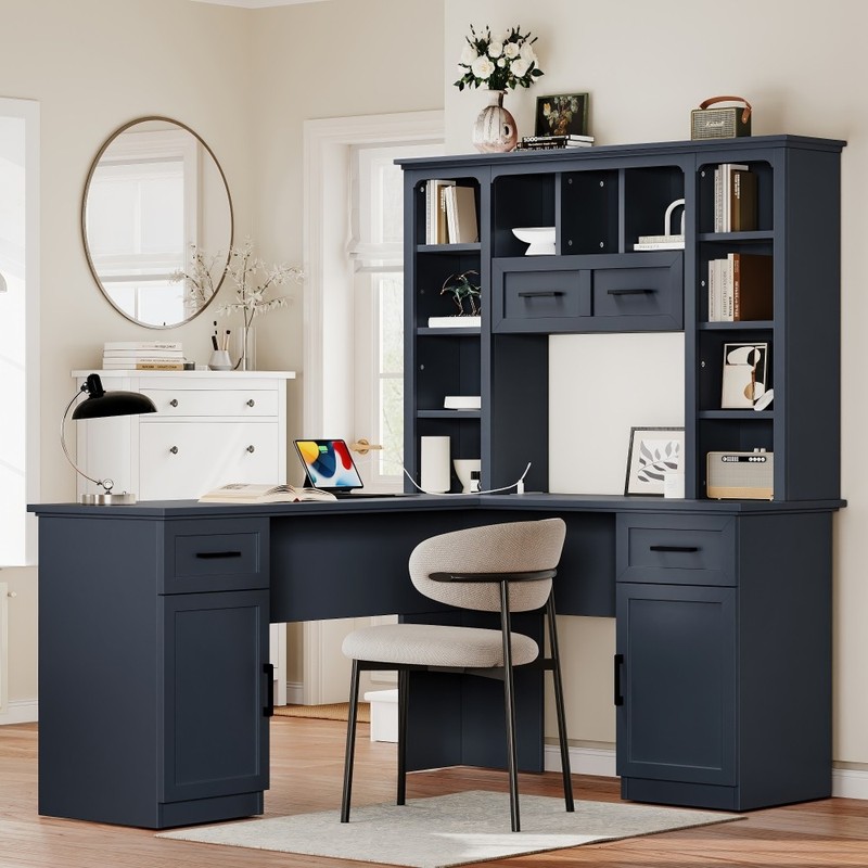 Antique Blue L-Shape Desk with Drawers, Cabinets, Outlet & Shelves