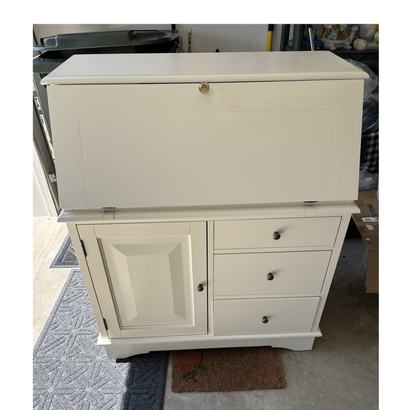 White Freestanding Secretary Desk Drop-Leaf, 7 Drawers, 2 Shelves. CASH ONLY
