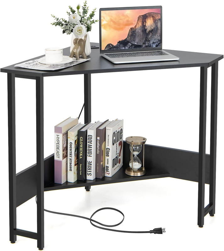 Space-Saving Corner Desk with Power Outlet & USB Ports – Black