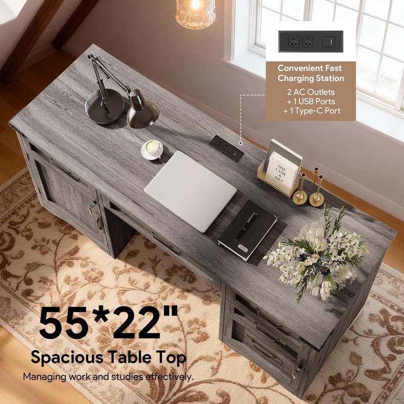 Farmhouse Executive Desk with Drawers, 55" Home Office Desks with Fast Chargi... gallery