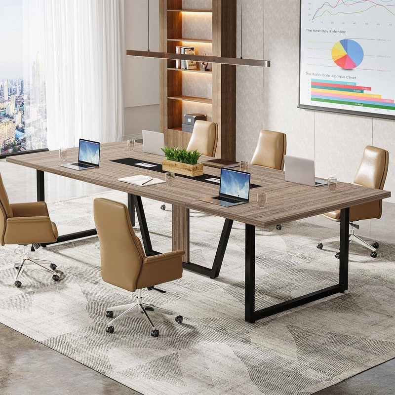 Moronia 94 In. Rectangular Light Brown Wood Conference Desk with 2-Grommets for