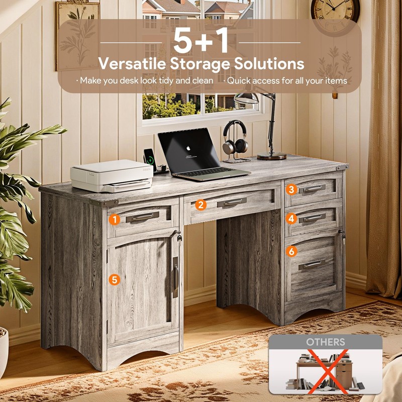 Farmhouse Executive Desk with Drawers, 55" Home Office Desks with Fast Chargi... gallery