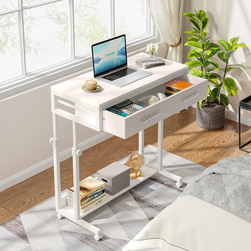 Height Adjustable Rolling End Table Laptop Cart W/ Storage Couch Home Office New