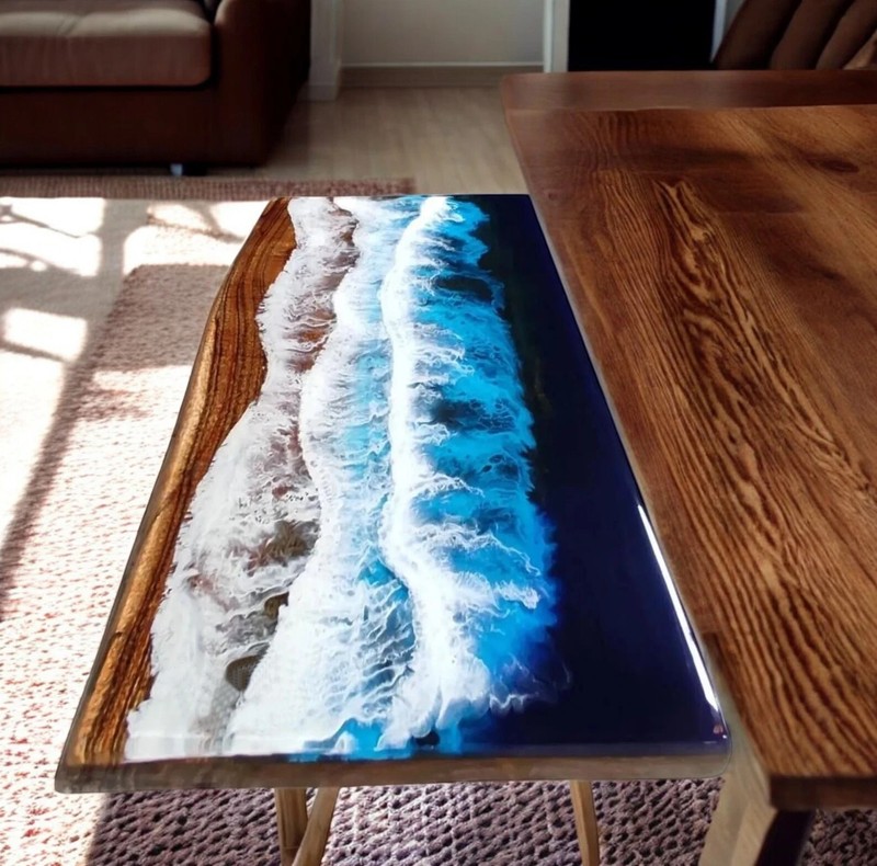 Ocean Wave Epoxy Live Edge River Dining Table Kitchen Countertop Luxury Home Dec