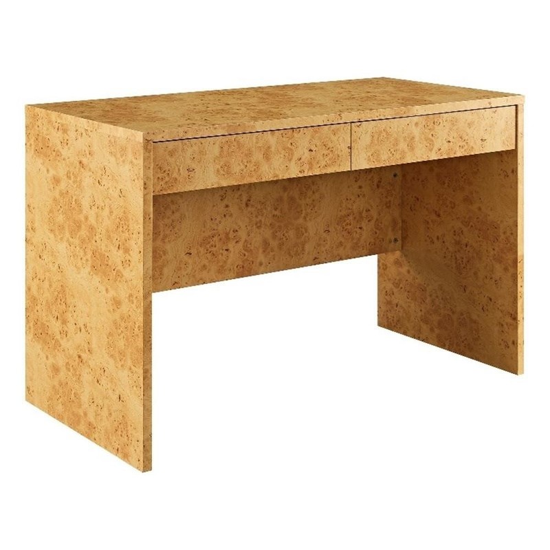 Maklaine Contemporary 2-Drawer Burl Wood Laminated Desk in Brown