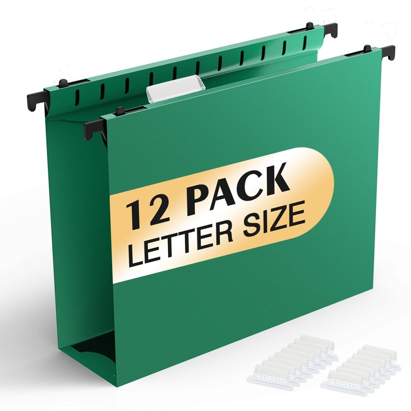 12-Pack Extra Capacity Plastic Hanging File Folders, Reinforced, Heavy Duty, Gre