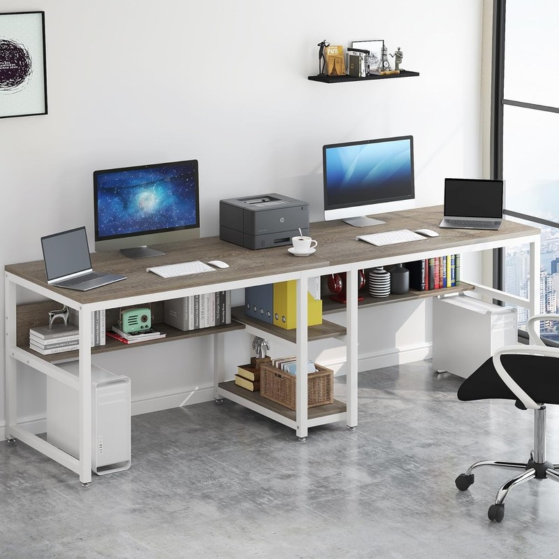 Two Person Desk with Bookshelf, 78.7'' Computer Office Double Desk Writing Desk gallery