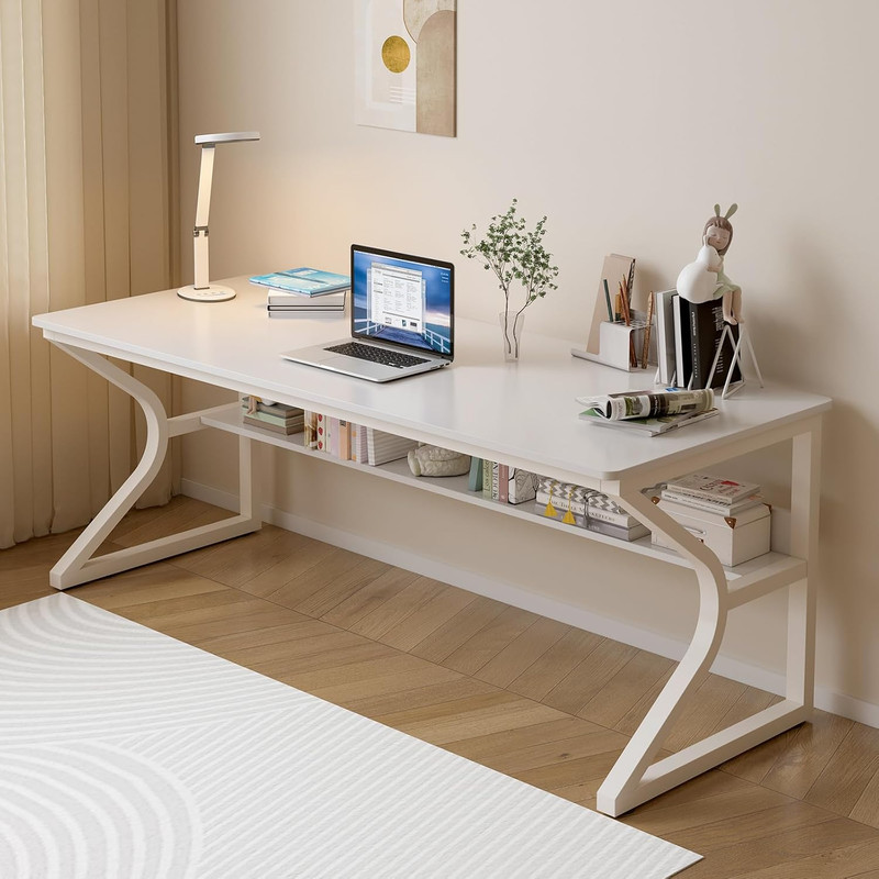 Extra Long Desk with Bookshelf – 63″ Double Long Writing Table for 2-Person Work
