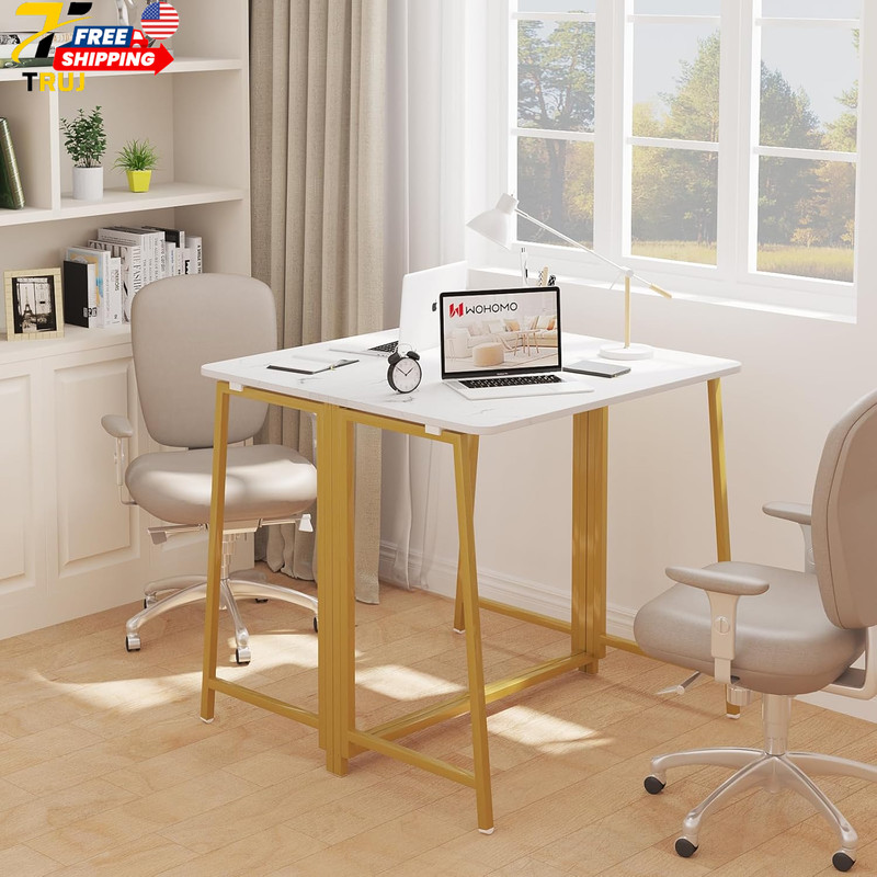 White Marble Folding Desk, 31.5" Small Desk for Small Spaces with Gold Legs Easy gallery