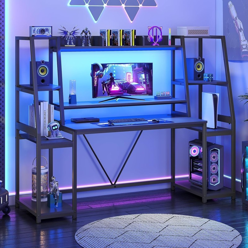 Gaming Desk 65.7» with LED Lights, Hutch &Storage Shelves, Computer Desk(Black)