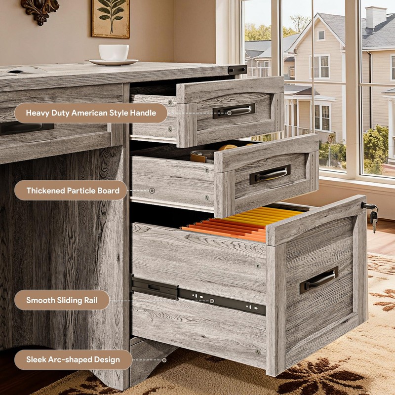 Farmhouse Executive Desk with Drawers, 55" Home Office Desks with Fast Chargi... gallery