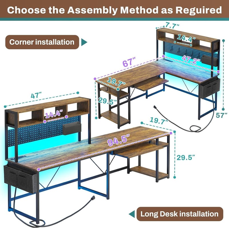 L Shaped Computer Desk with Power Outlet and Pegboard, Reversible Corner Desk gallery