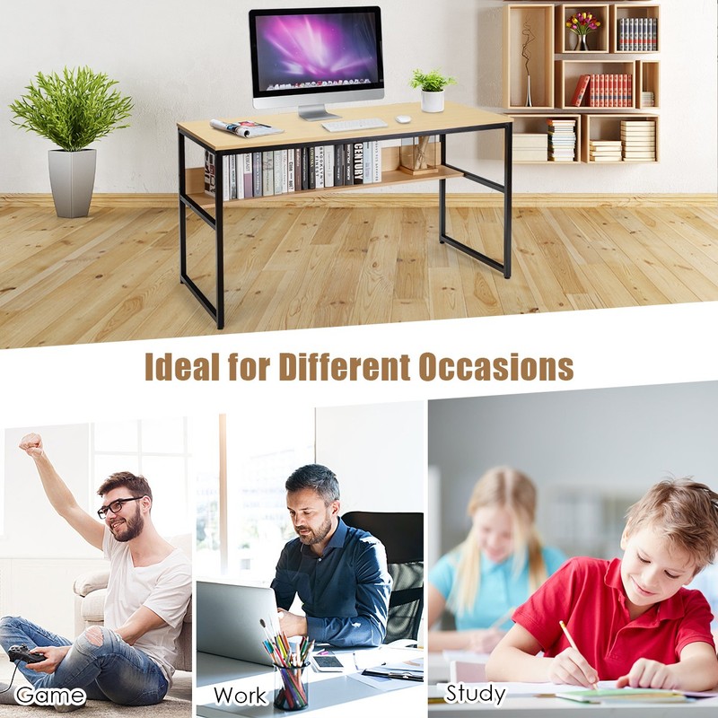 55" Computer Desk Writing Table Workstation Home Office w/Bookshelf Natural gallery