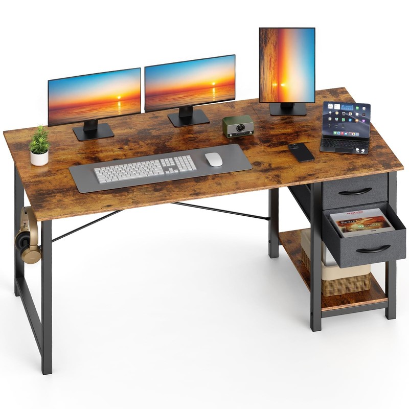 48 Inch Computer Desk with Drawers for Home Office, 48 Inches Rustic Wood