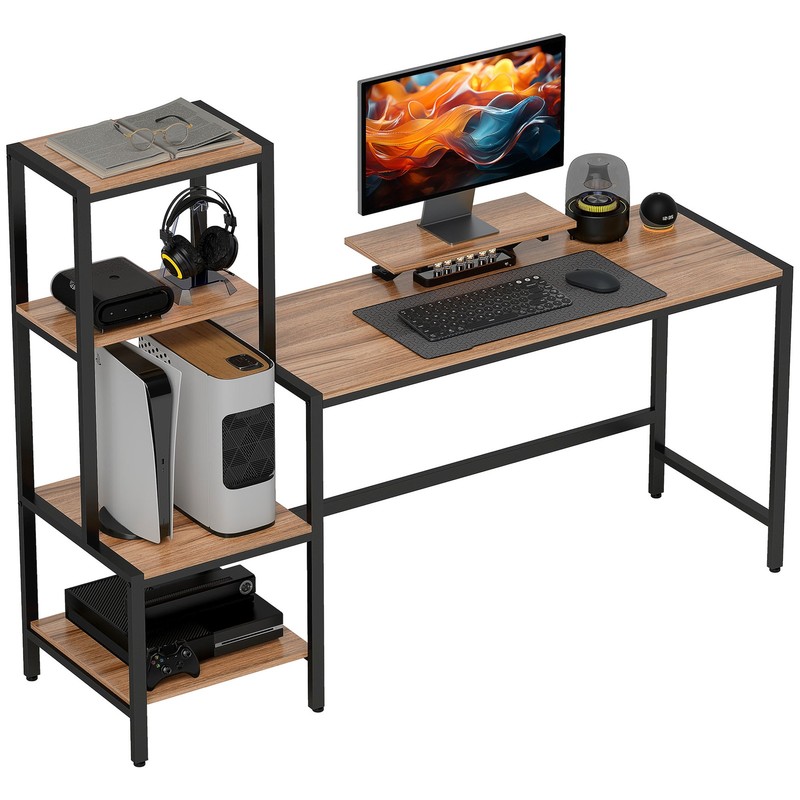 HOMCOM Computer Desk with Monitor Stand 4-Tier Shelf Home Office Desk Brown