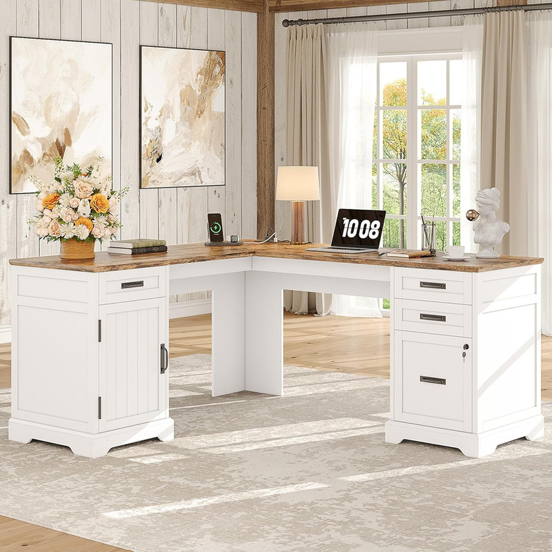 Whalefall Farmhouse L Shaped Desk with Drawers, 67 Inch Executive Home Office De