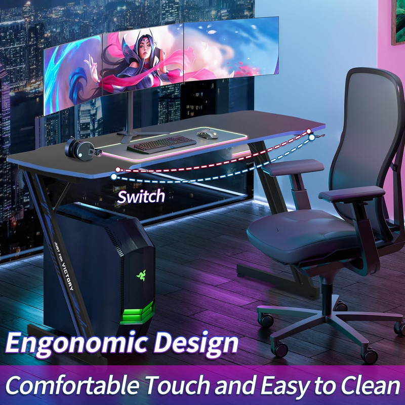 39″ Z-Shaped Gaming Desk with Hook, Carbon Fiber Surface, Blue