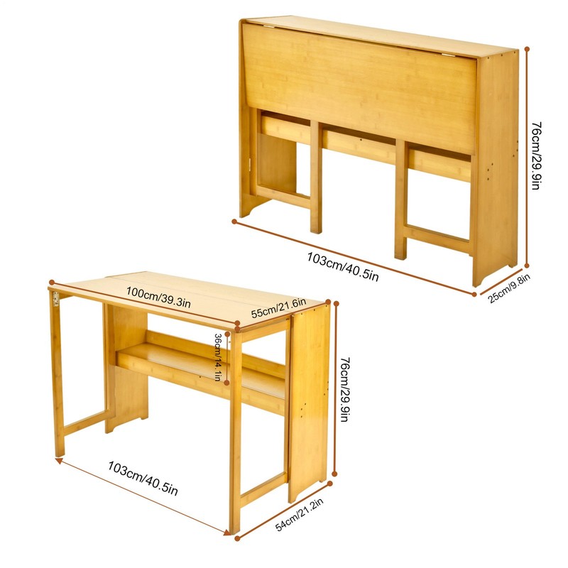 41 Inch Computer Desk, Bamboo Writing Desk, Folding Work Desk For Home Office