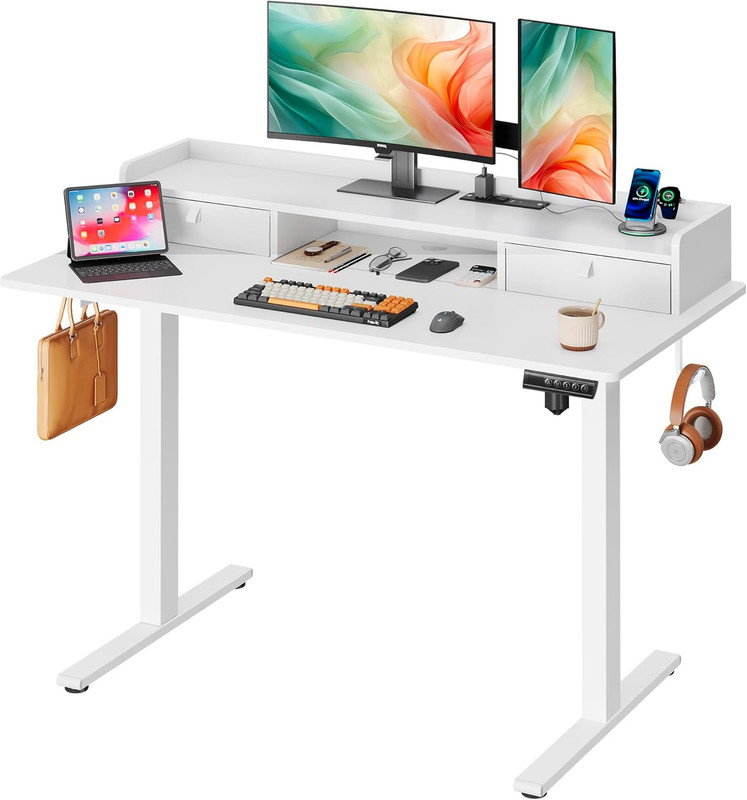 Adjustable 48×24 Inch Electric Standing Desk with 2 Drawers & Storage Shelf