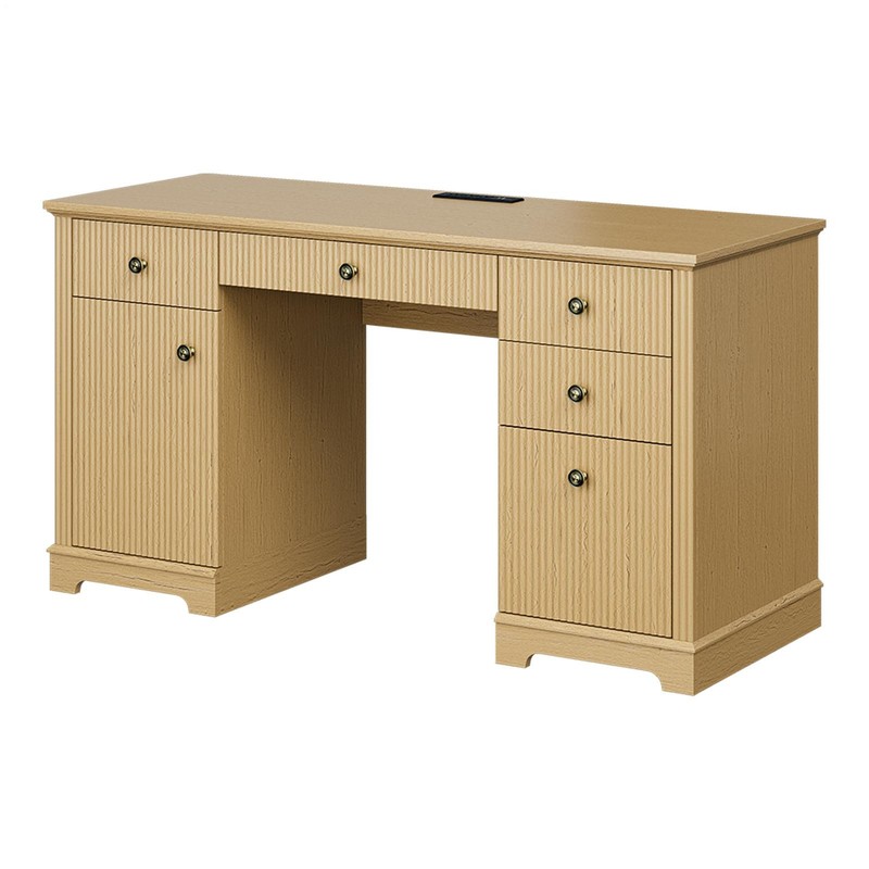 58″ Fluted Computer Desk 6Drawer Executive Desk For Home Office W/Built-in Power