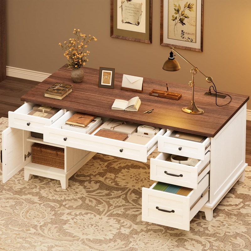 Executive Desk with File Drawers, Farmhouse Home Office Desk with Charging Stati