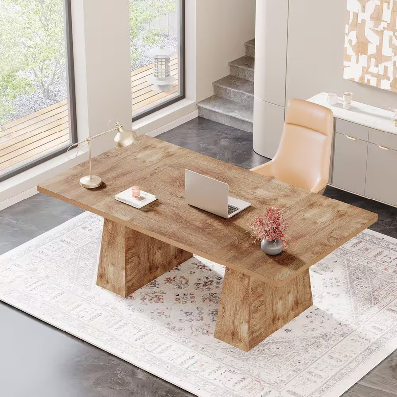 63 In. Rectangular Light Brown Wood Long Computer Desk, Executive Office Desk fo