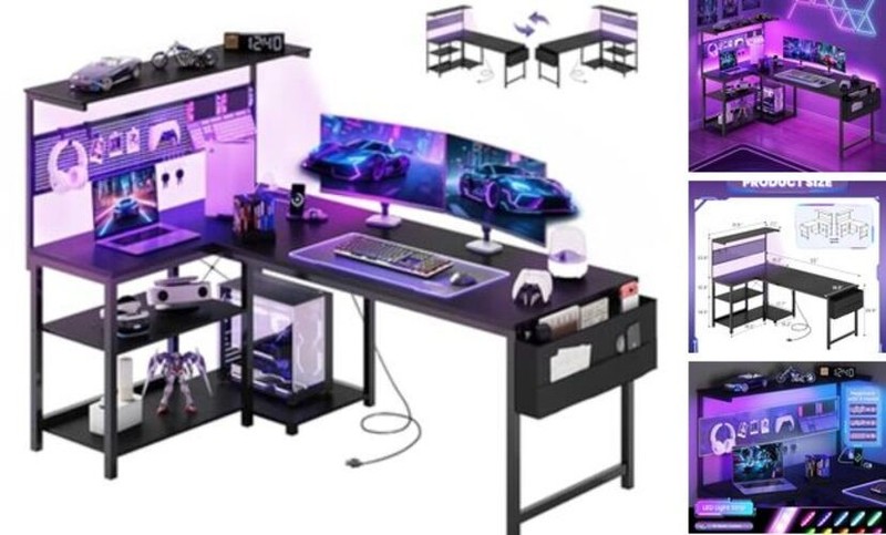 L Shaped Desk Gaming Desk with LED Light & Power Outlet, 55 Inch 55 in Black