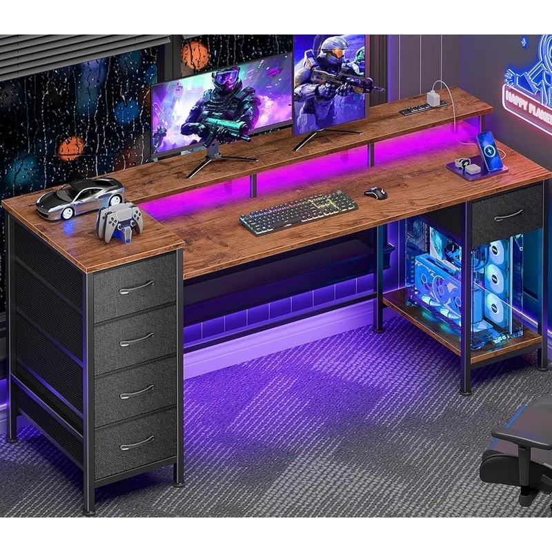Gaming Desk RGB Light Strip USB Outlets Monitor Stand Adjustable Durable Storage