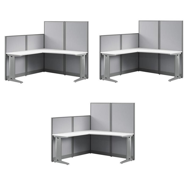 Pemberly Row Set of 3 Engineered Wood 65W L Shaped Cubicle Desk in Pure White