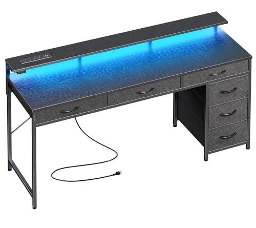 Gaming Desk with 6 Drawers, Computer Desk with LED Lights Power 54 inch Black