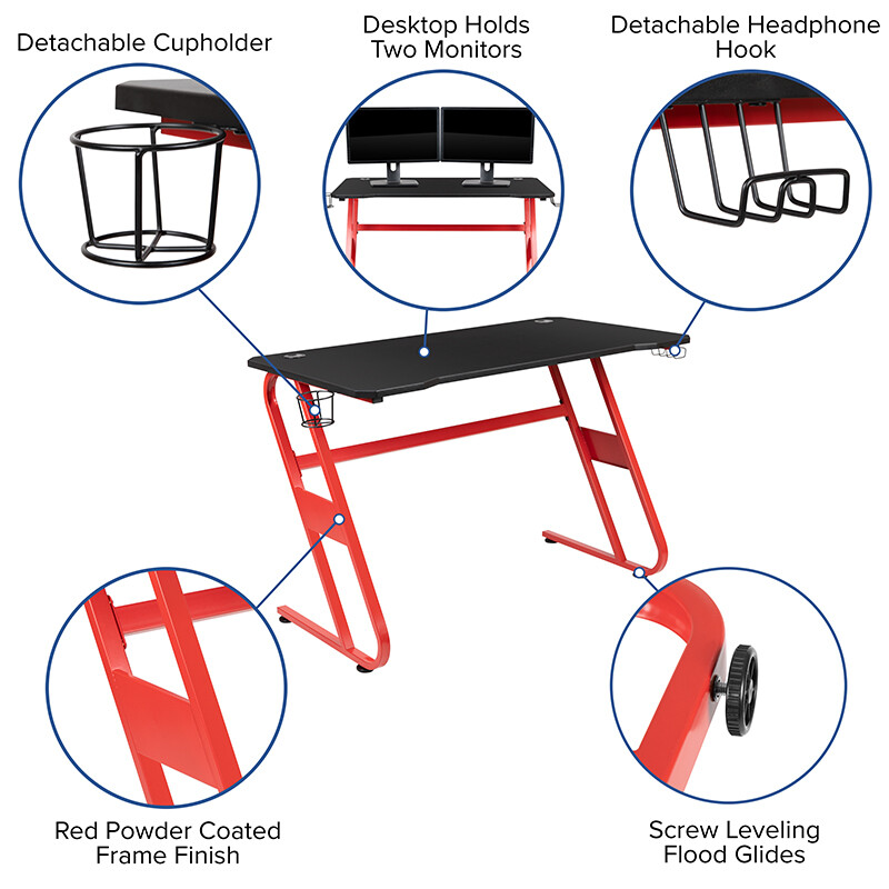 Red Gaming Desk and Camo Black Racing Chair Set Cup Holder Headphone Hook gallery