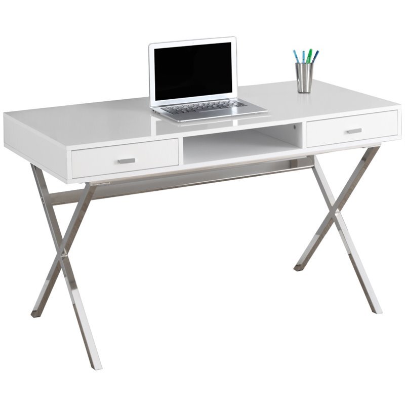 Atlin Designs 48″ Modern Writing Desk in Glossy White and Silver