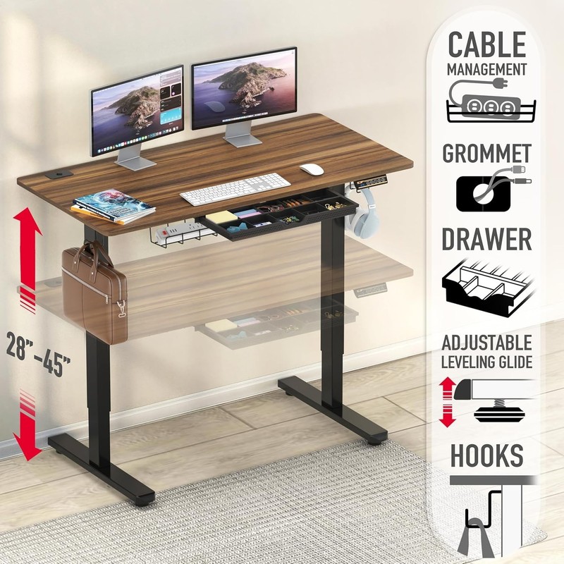 Modern Walnut Electric Adjustable Standing Desk with Cable Management & Drawer gallery