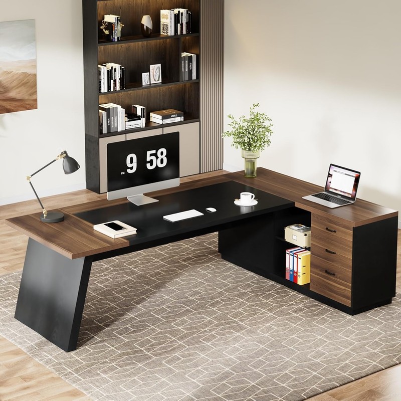 L-Shaped Executive Desk, 78-Inch Modern Office Desk with Lateral File Cabinet gallery